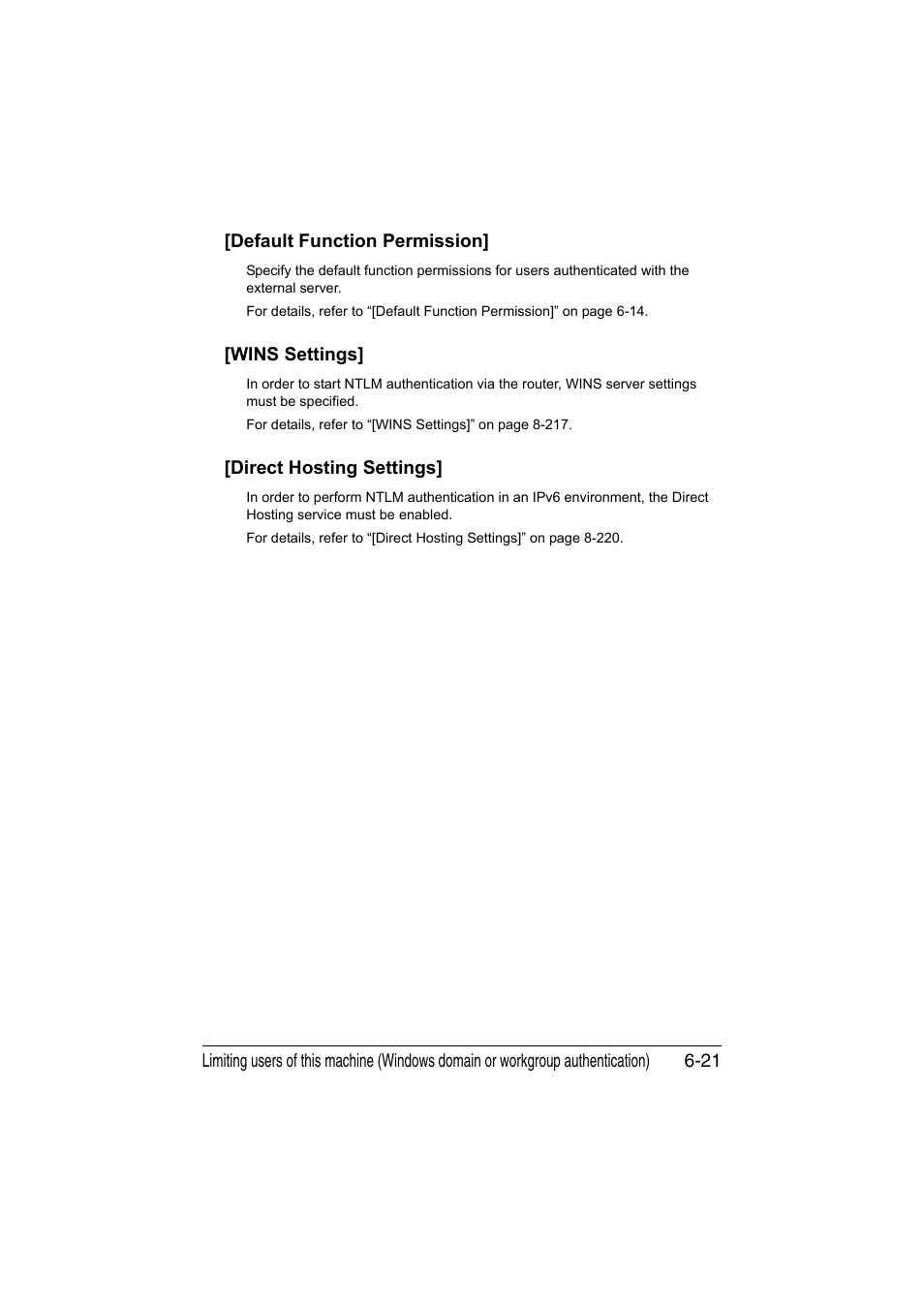 Default function permission, Wins settings, Direct hosting settings | Default func, Tion permission, Direct hosting, Settings | Konica Minolta bizhub C35 User Manual | Page 208 / 510