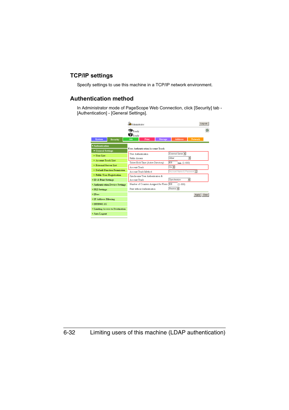 Tcp/ip settings, Authentication method, Tcp/ip settings -32 | Authentication method -32 | Konica Minolta bizhub C35 User Manual | Page 219 / 510