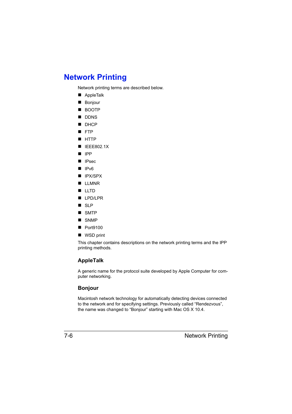 Network printing, Appletalk, Bonjour | Network printing -6, Appletalk -6 bonjour -6, Network printing 7-6 | Konica Minolta bizhub C35 User Manual | Page 233 / 510