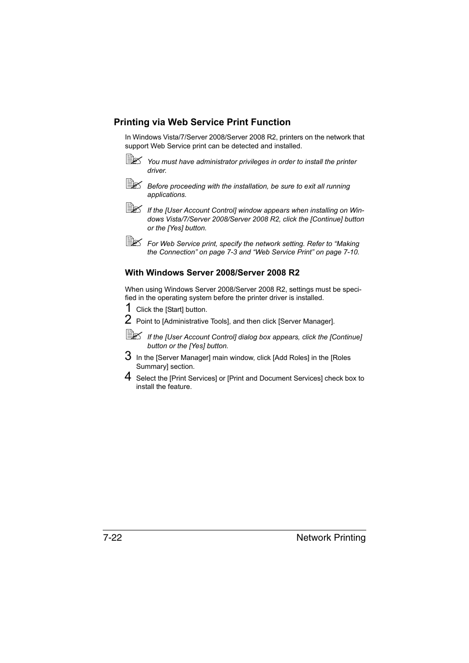 Printing via web service print function, With windows server 2008/server 2008 r2, Printing via web service print function -22 | With windows server 2008/server 2008 r2 -22 | Konica Minolta bizhub C35 User Manual | Page 249 / 510