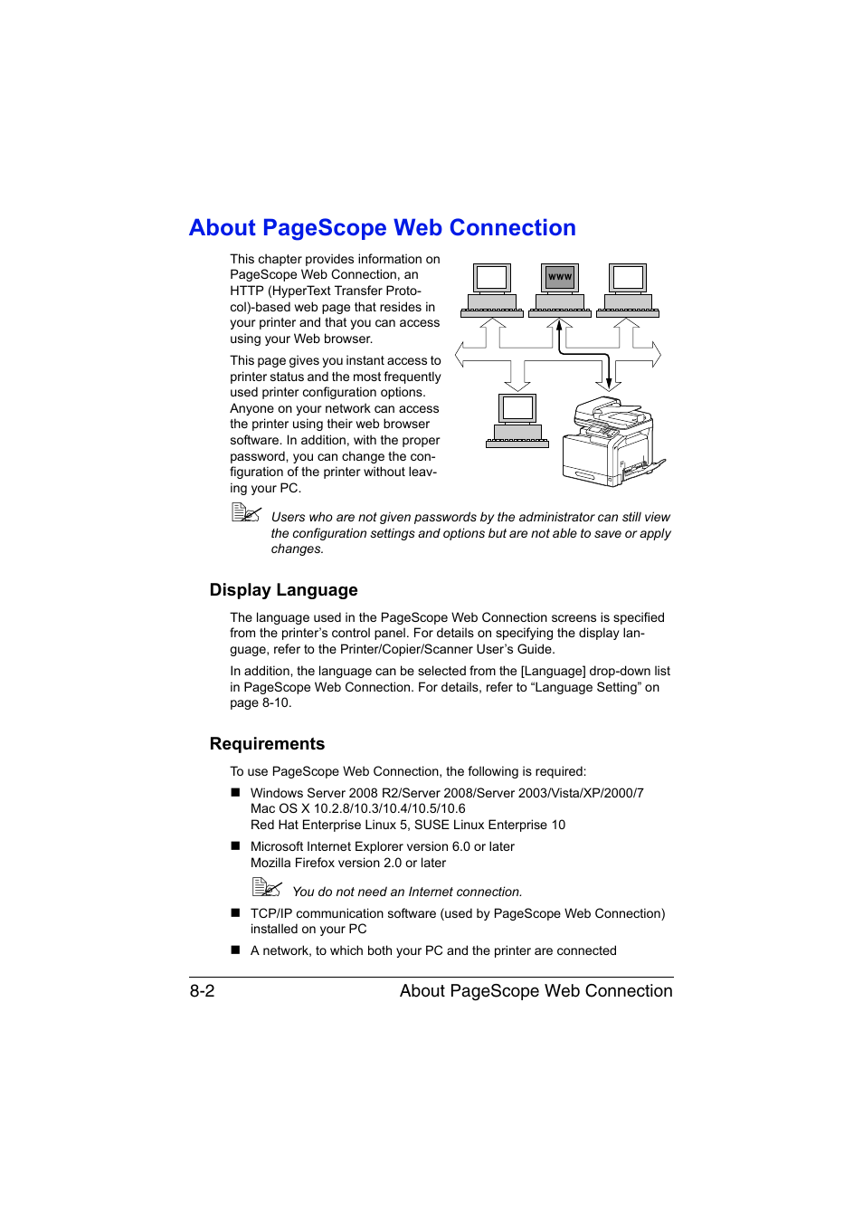 Display language, Requirements, Display language -2 requirements -2 | About pagescope web connection | Konica Minolta bizhub C35 User Manual | Page 269 / 510