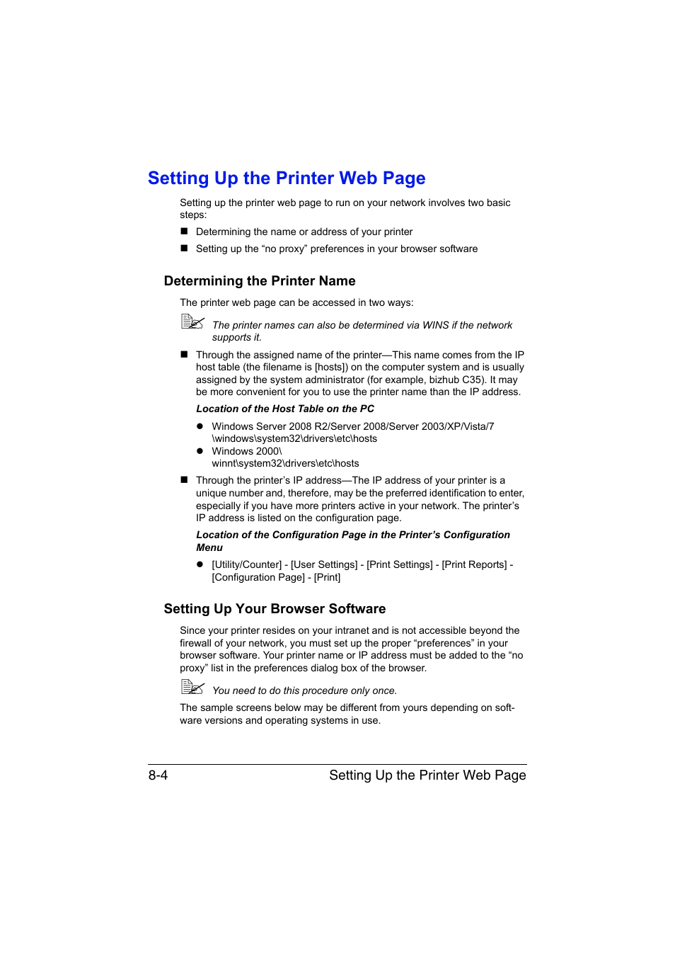 Determining the printer name, Setting up your browser software, Setting up the printer web page | Konica Minolta bizhub C35 User Manual | Page 271 / 510