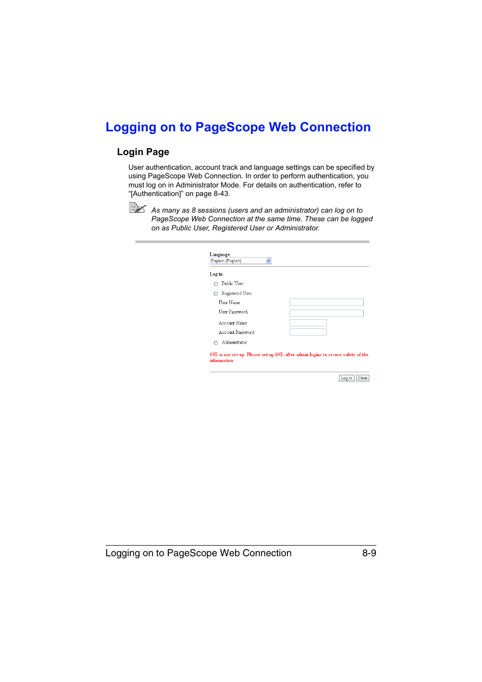 Logging on to pagescope web connection | Konica Minolta bizhub C35 User Manual | Page 276 / 510