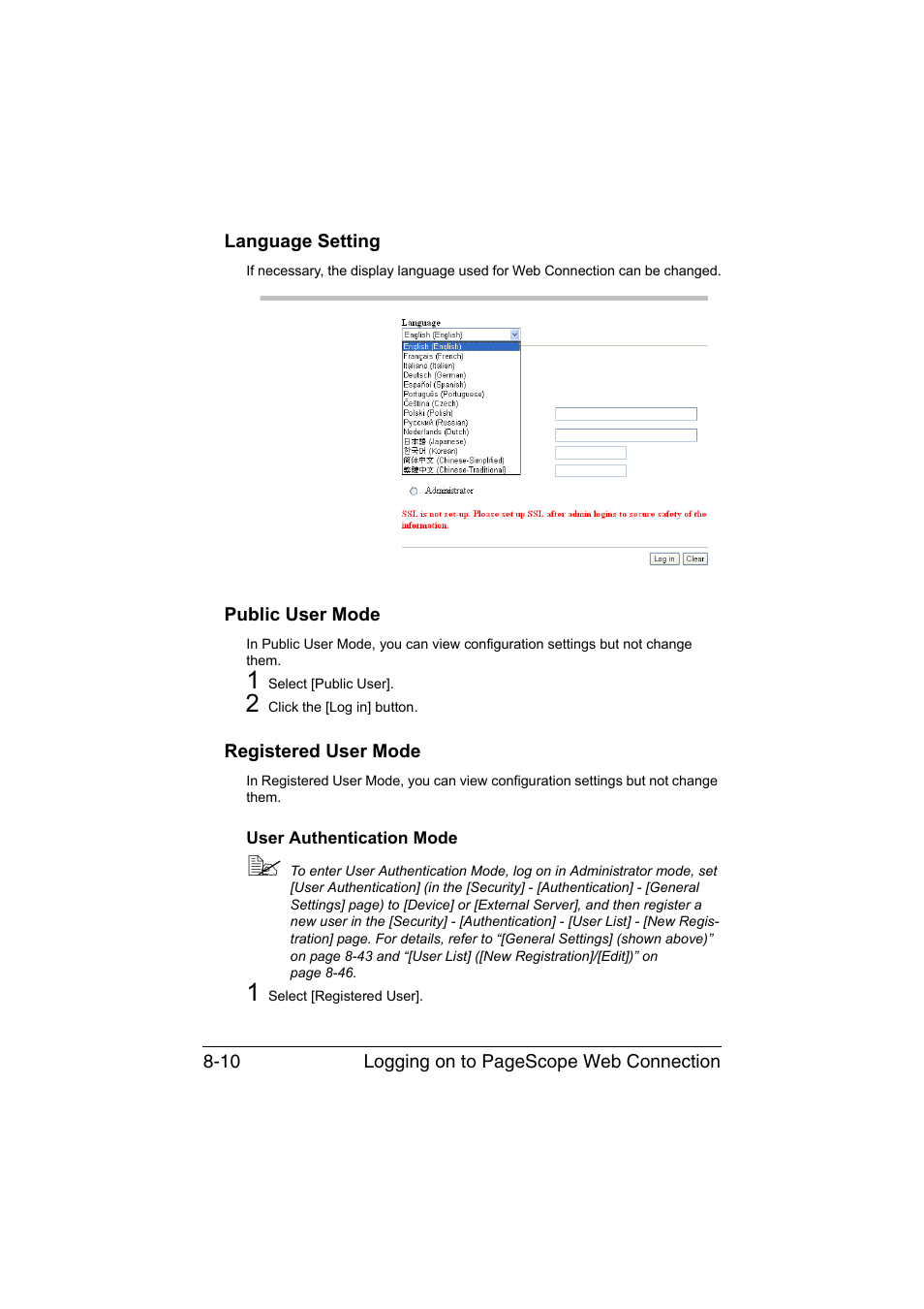 Language setting, Public user mode, Registered user mode | User authentication mode, User authentication mode -10 | Konica Minolta bizhub C35 User Manual | Page 277 / 510