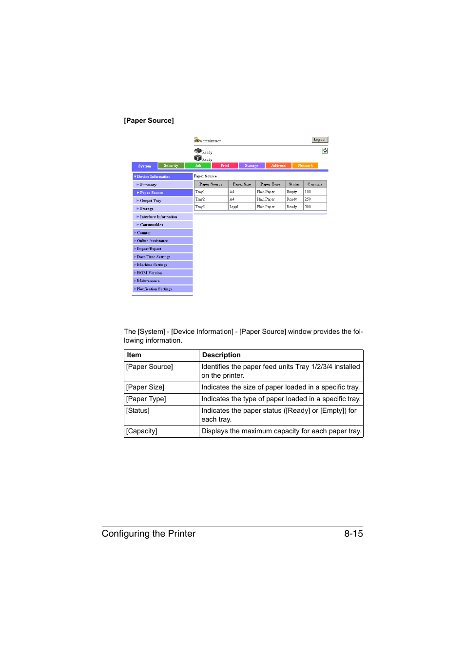 Configuring the printer 8-15 | Konica Minolta bizhub C35 User Manual | Page 282 / 510