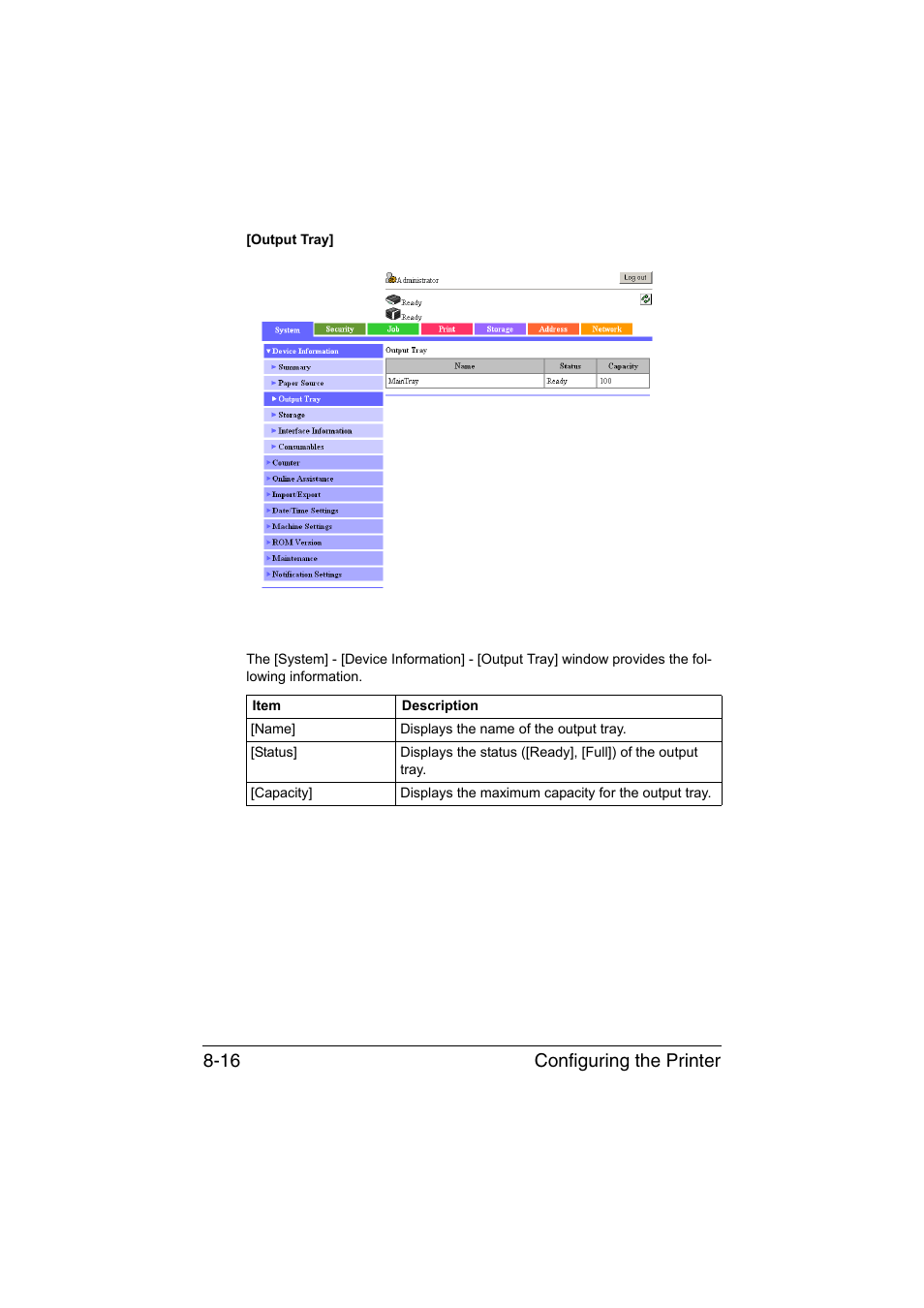 Configuring the printer 8-16 | Konica Minolta bizhub C35 User Manual | Page 283 / 510