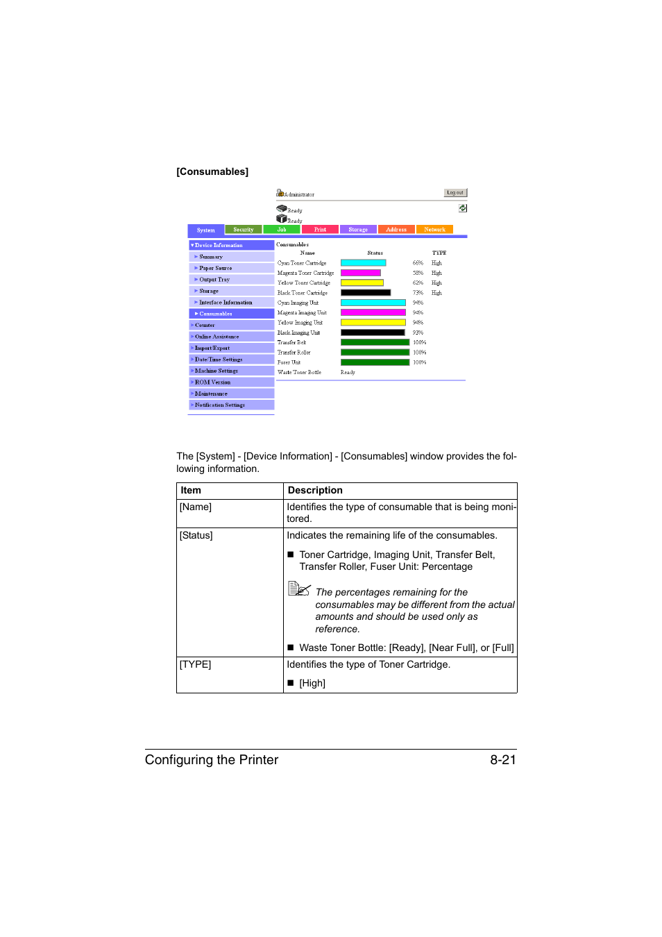 Configuring the printer 8-21 | Konica Minolta bizhub C35 User Manual | Page 288 / 510