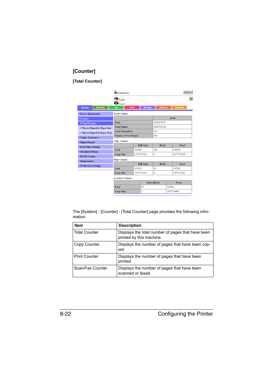 Counter, Counter] -22, Configuring the printer 8-22 | Konica Minolta bizhub C35 User Manual | Page 289 / 510