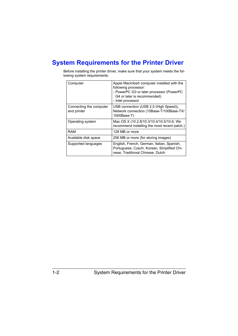 System requirements for the printer driver, System requirements for the printer driver -2, System requirements for the printer driver 1-2 | Konica Minolta bizhub C35 User Manual | Page 29 / 510