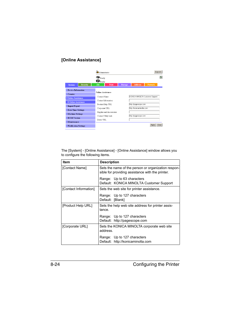 Online assistance, Online assistance] -24, Configuring the printer 8-24 | Konica Minolta bizhub C35 User Manual | Page 291 / 510