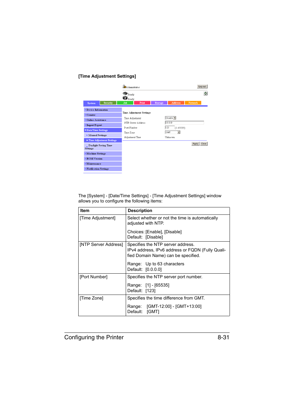 Configuring the printer 8-31 | Konica Minolta bizhub C35 User Manual | Page 298 / 510