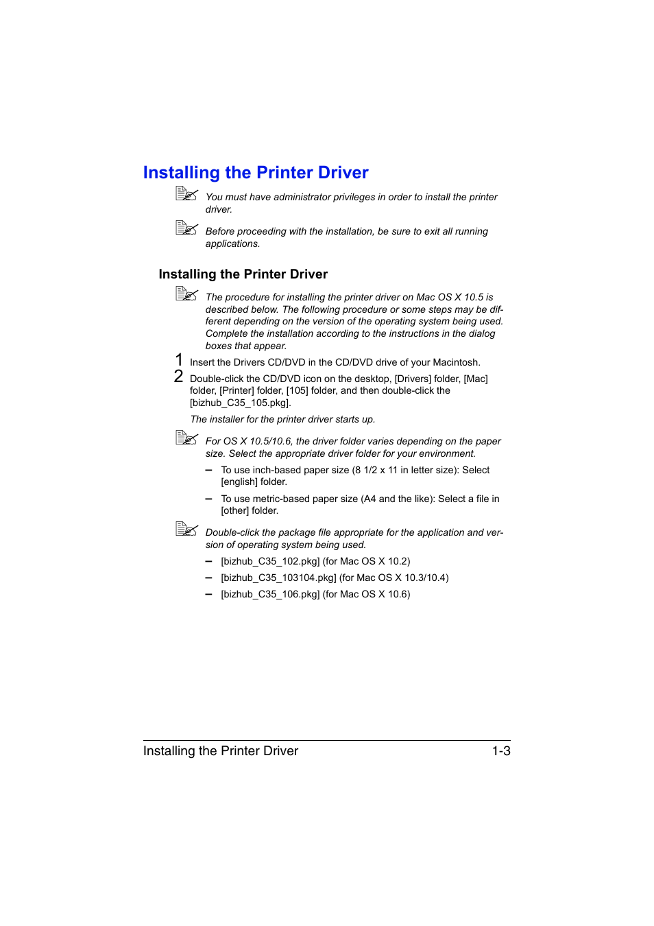 Installing the printer driver, Installing the printer driver -3 | Konica Minolta bizhub C35 User Manual | Page 30 / 510