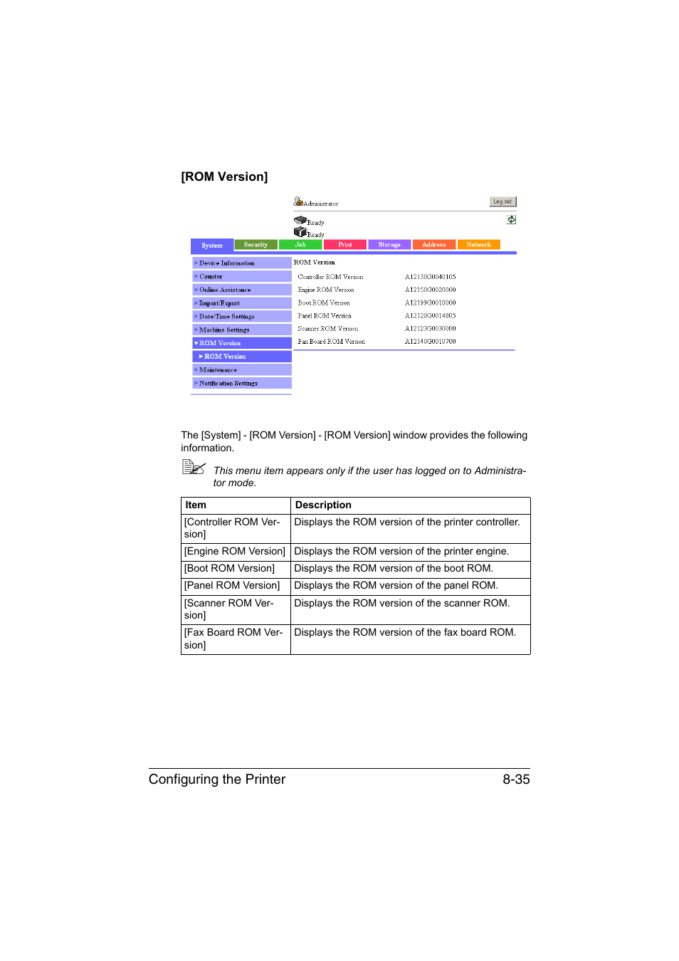 Rom version, Rom version] -35, Configuring the printer 8-35 | Konica Minolta bizhub C35 User Manual | Page 302 / 510