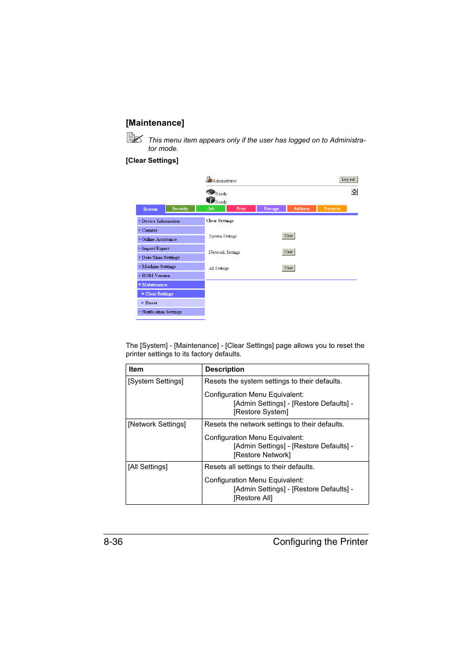 Maintenance, Maintenance] -36, Configuring the printer 8-36 | Konica Minolta bizhub C35 User Manual | Page 303 / 510