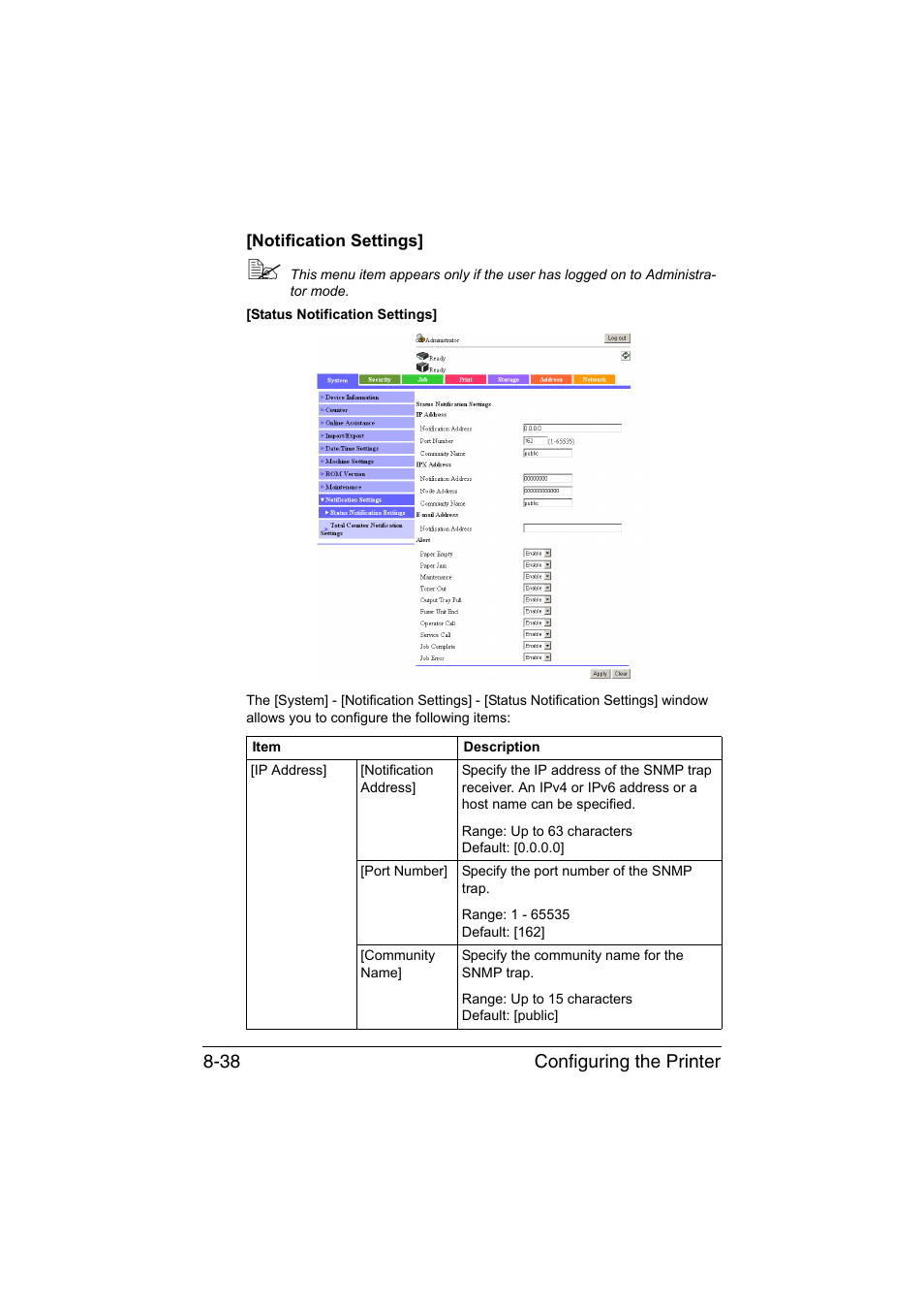 Notification settings, Notification settings] -38, Configuring the printer 8-38 | Konica Minolta bizhub C35 User Manual | Page 305 / 510