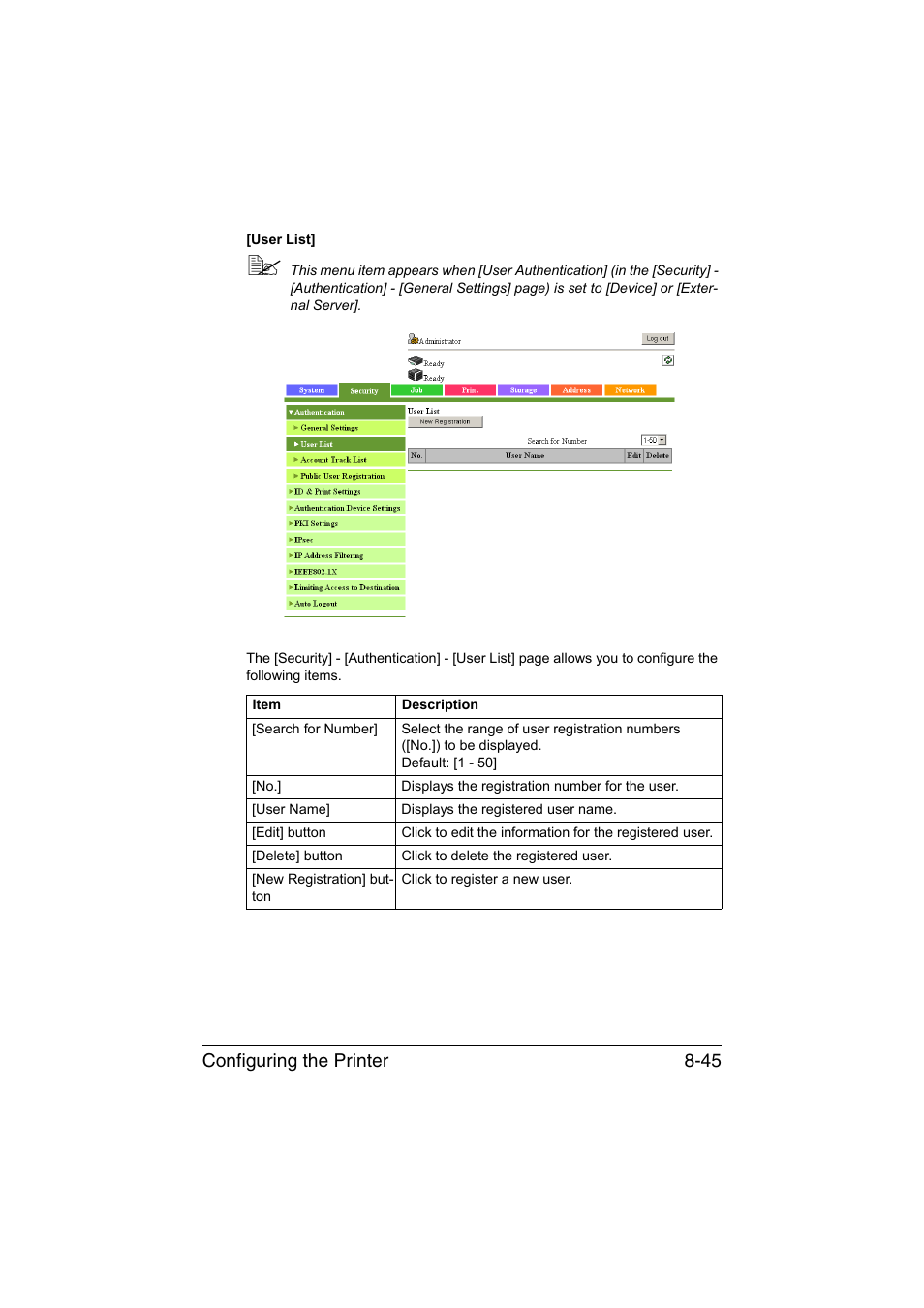 Configuring the printer 8-45 | Konica Minolta bizhub C35 User Manual | Page 312 / 510