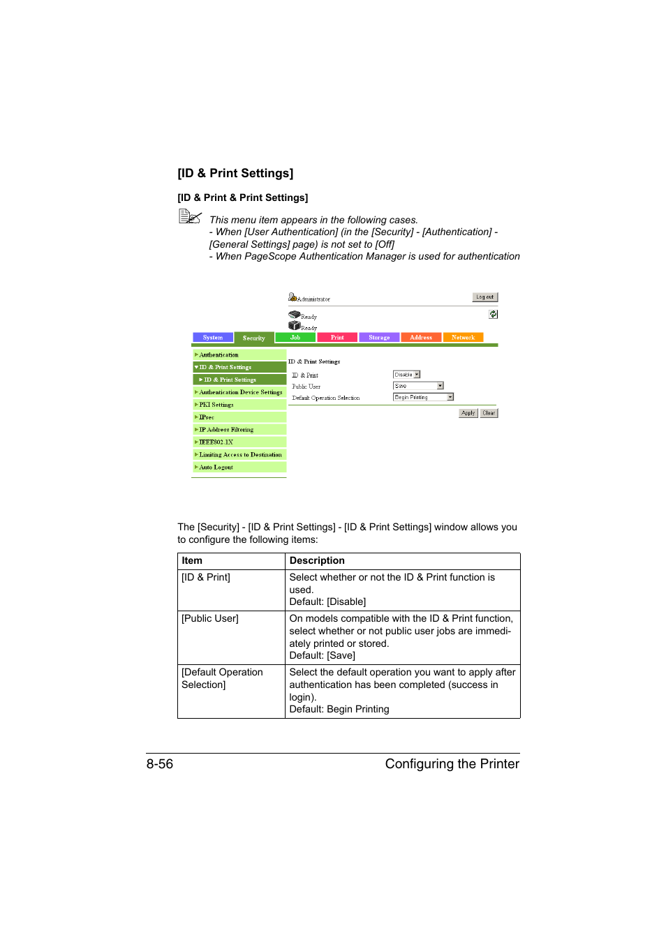 Id & print settings, Id & print settings] -56 | Konica Minolta bizhub C35 User Manual | Page 323 / 510