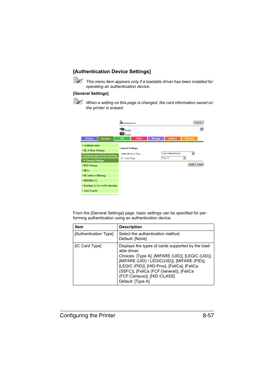 Authentication device settings, Authentication device settings] -57 | Konica Minolta bizhub C35 User Manual | Page 324 / 510