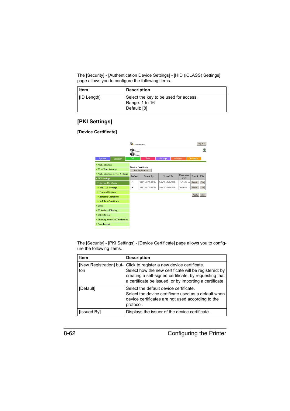 Pki settings, Pki settings] -62, Configuring the printer 8-62 | Konica Minolta bizhub C35 User Manual | Page 329 / 510