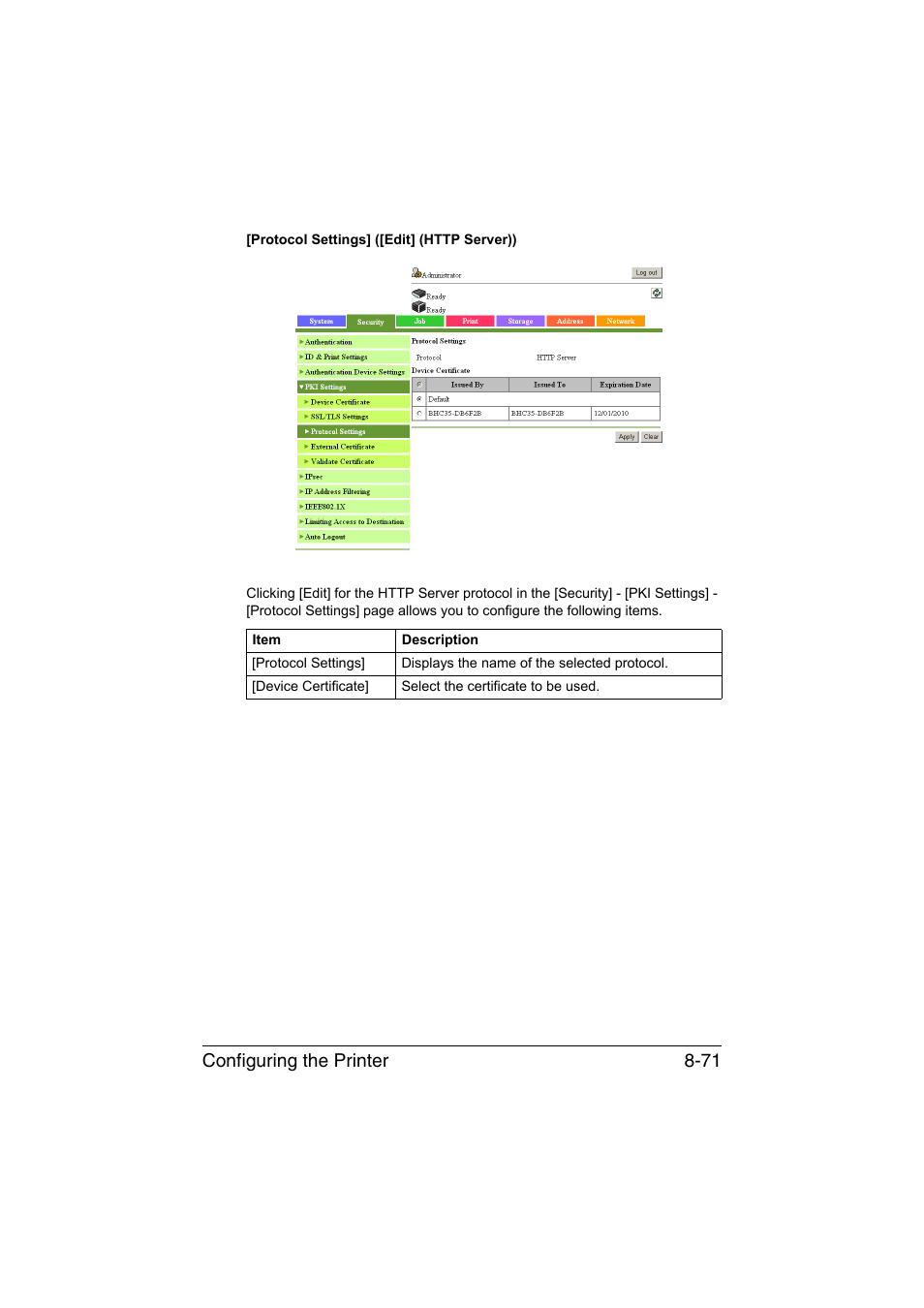 Configuring the printer 8-71 | Konica Minolta bizhub C35 User Manual | Page 338 / 510