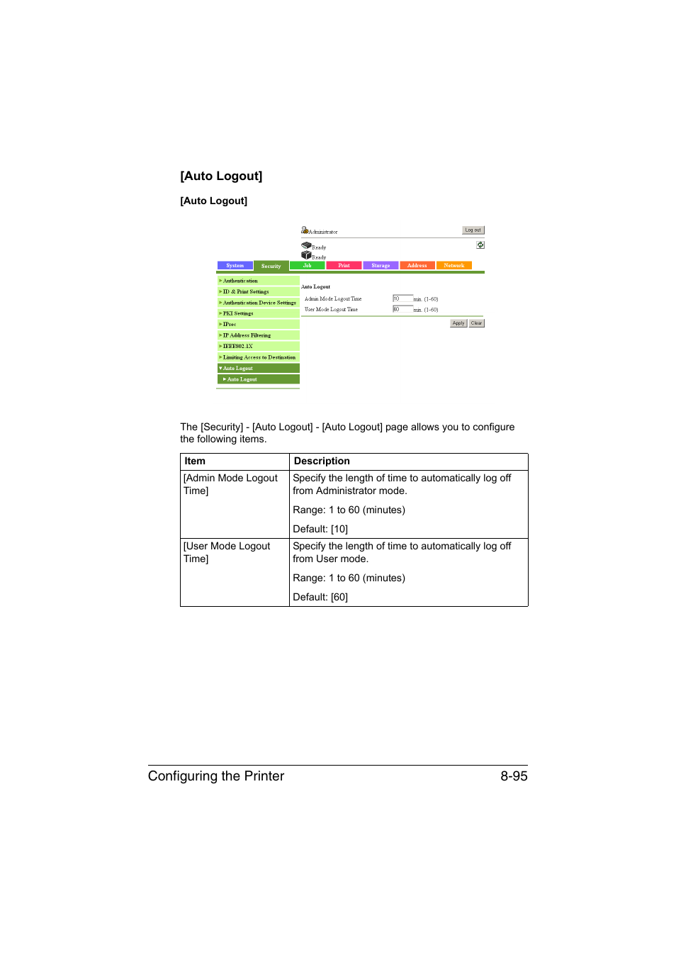 Auto logout, Auto logout] -95, Configuring the printer 8-95 | Konica Minolta bizhub C35 User Manual | Page 362 / 510