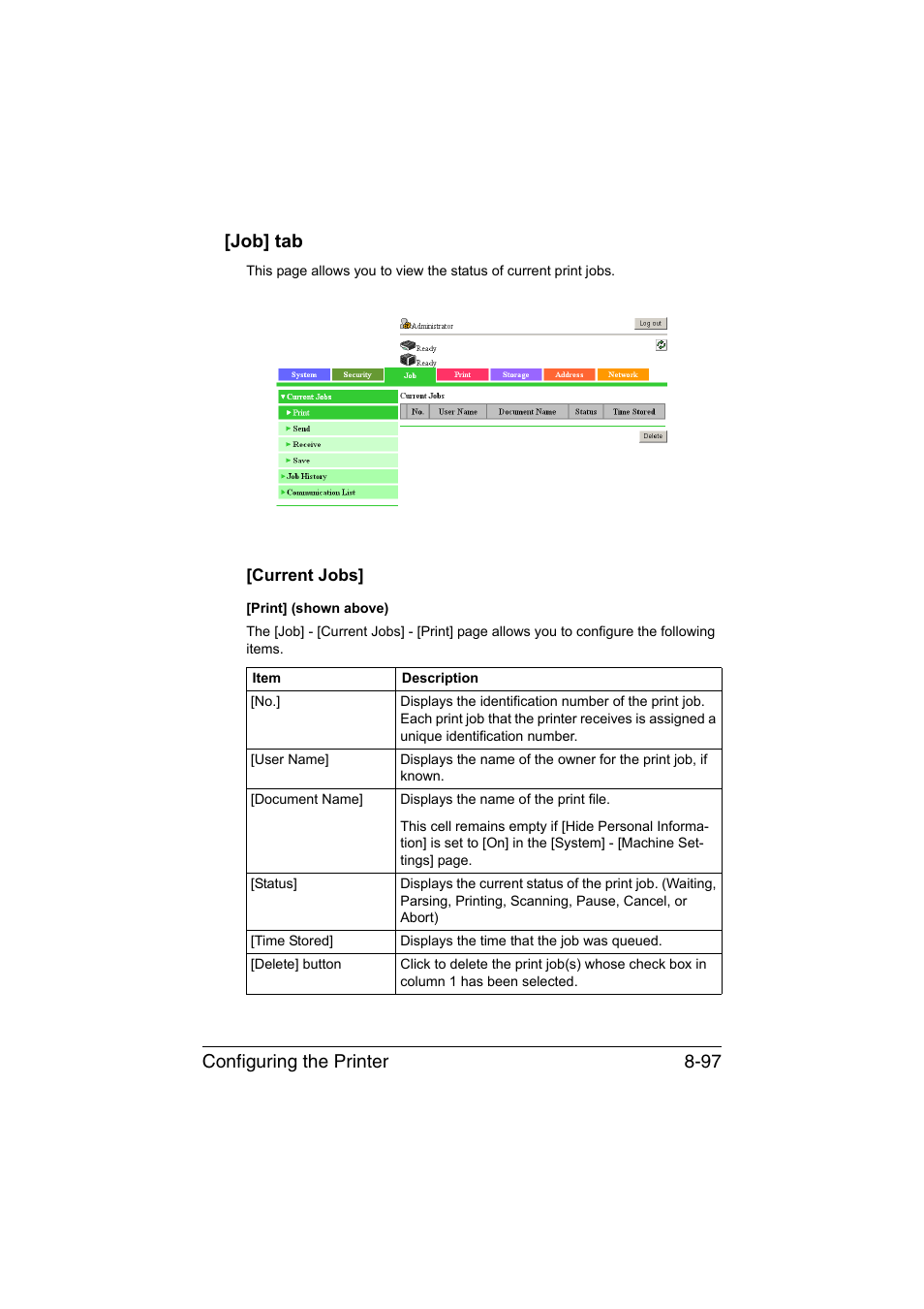 Job] tab, Current jobs, Job] tab -97 | Current jobs] -97, Configuring the printer 8-97 [job] tab | Konica Minolta bizhub C35 User Manual | Page 364 / 510