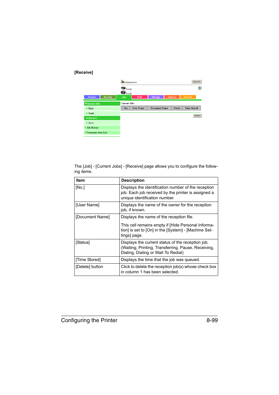 Configuring the printer 8-99 | Konica Minolta bizhub C35 User Manual | Page 366 / 510