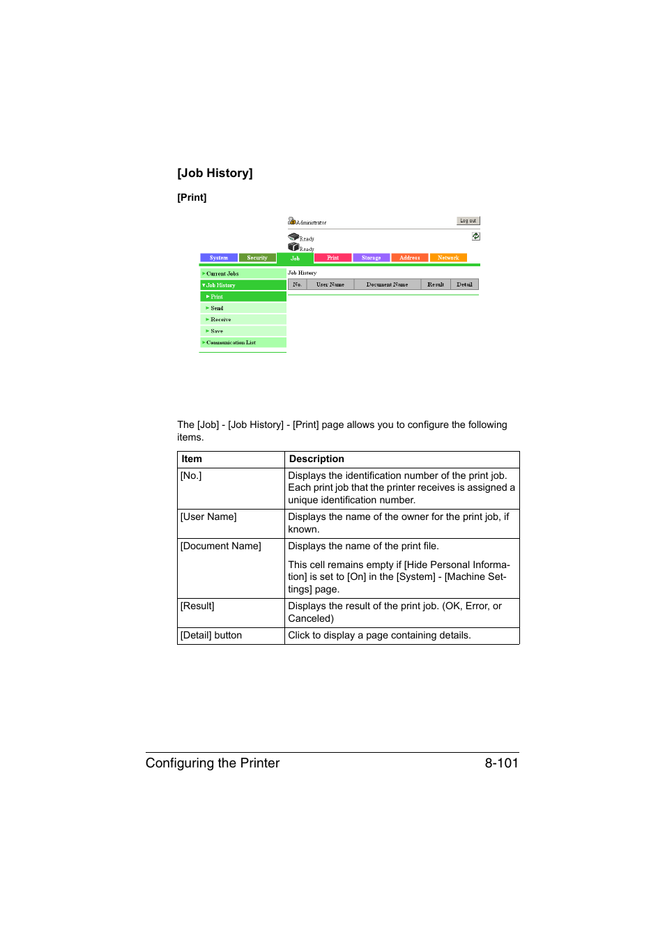 Job history, Job history] -101, Configuring the printer 8-101 | Konica Minolta bizhub C35 User Manual | Page 368 / 510