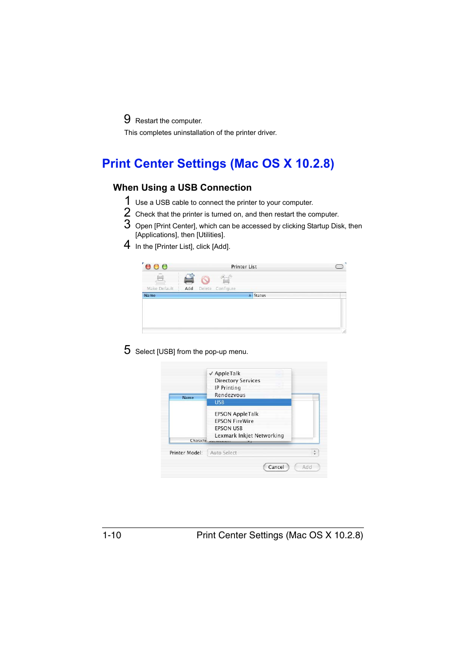 Print center settings (mac os x 10.2.8), When using a usb connection, Print center settings (mac os x 10.2.8) -10 | When using a usb connection -10 | Konica Minolta bizhub C35 User Manual | Page 37 / 510