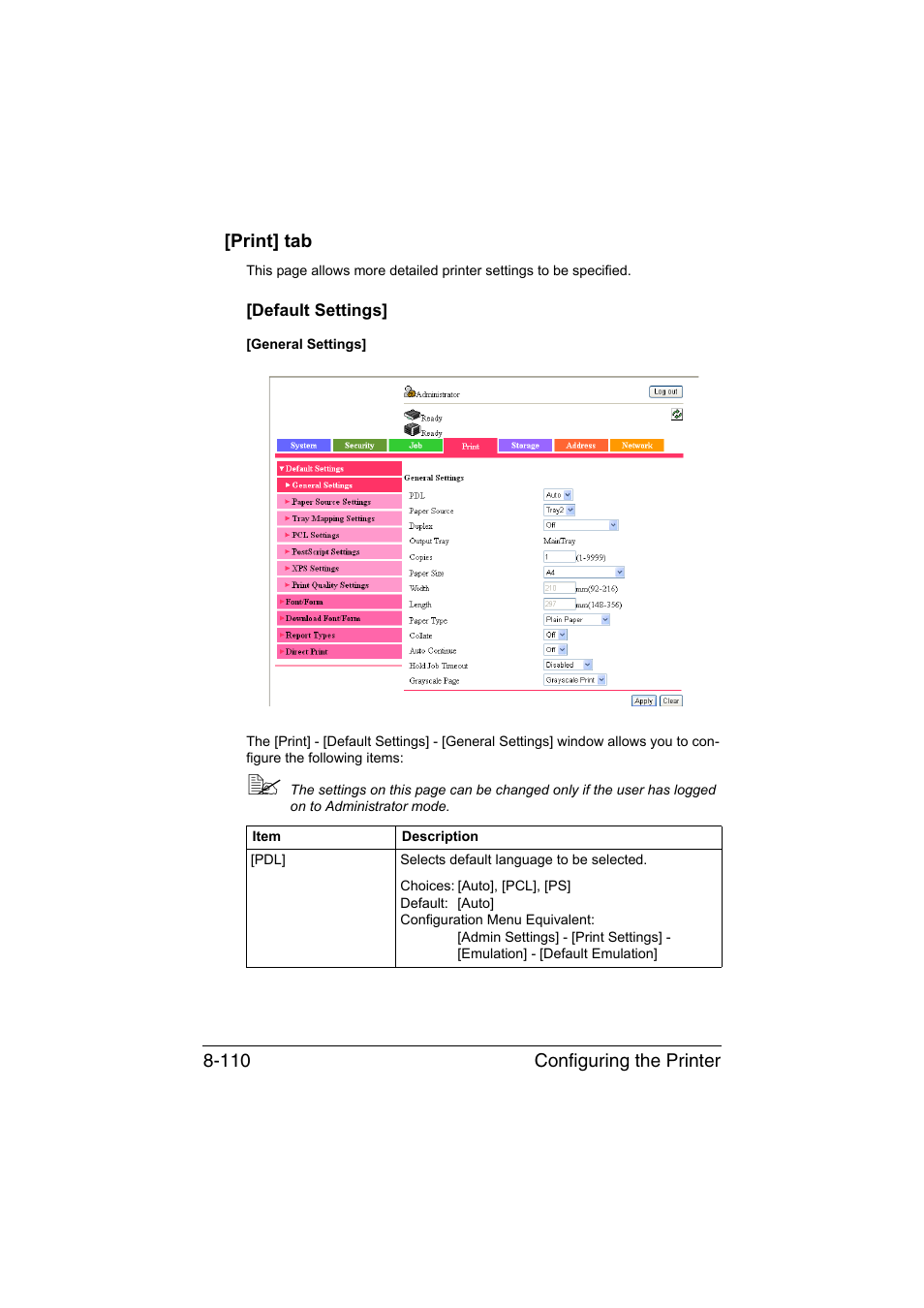 Print] tab, Default settings, Print] tab -110 | Default settings] -110 | Konica Minolta bizhub C35 User Manual | Page 377 / 510