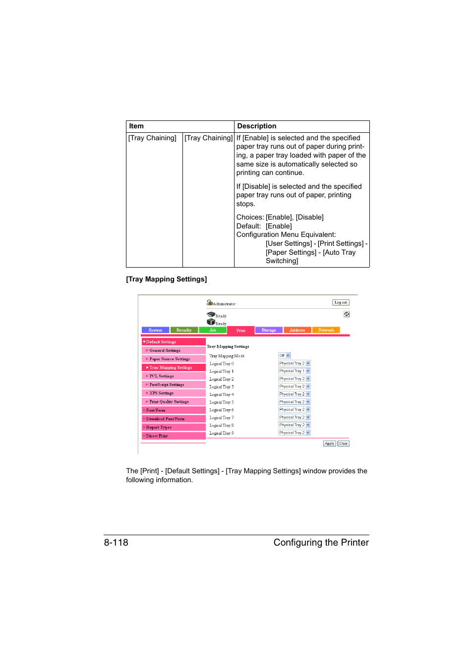 Configuring the printer 8-118 | Konica Minolta bizhub C35 User Manual | Page 385 / 510