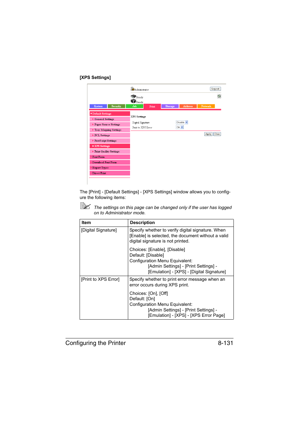 Configuring the printer 8-131 | Konica Minolta bizhub C35 User Manual | Page 398 / 510