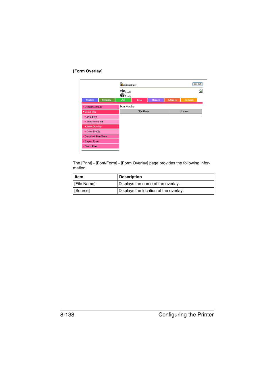 Configuring the printer 8-138 | Konica Minolta bizhub C35 User Manual | Page 405 / 510