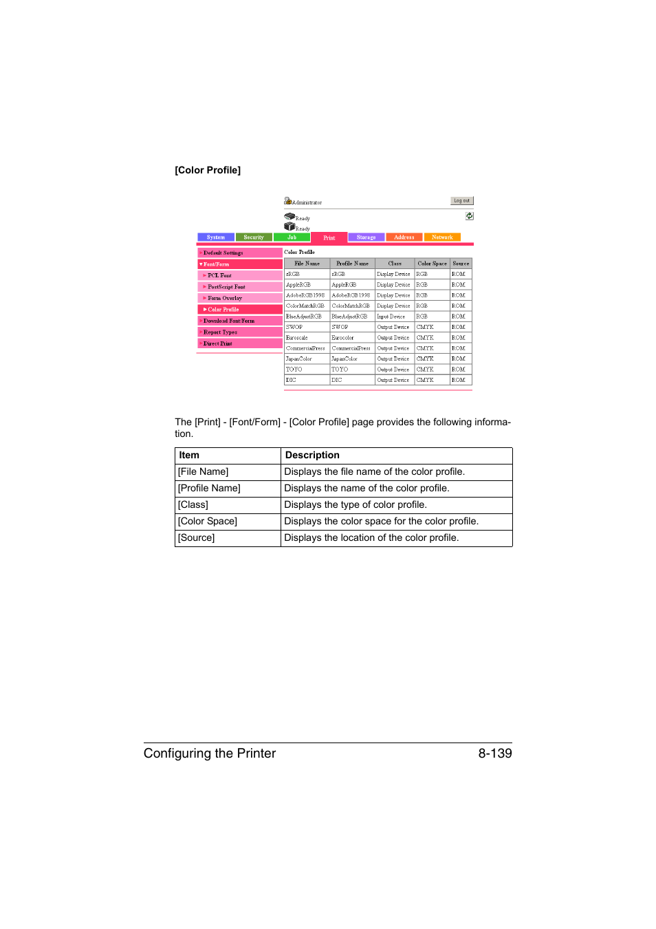 Configuring the printer 8-139 | Konica Minolta bizhub C35 User Manual | Page 406 / 510