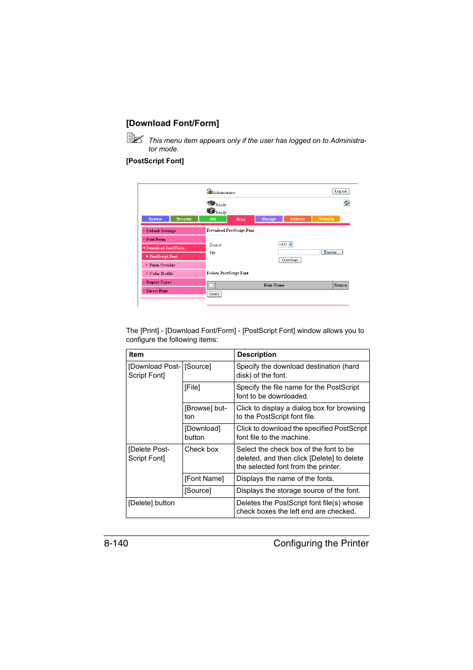 Download font/form, Download font/form] -140, Configuring the printer 8-140 | Konica Minolta bizhub C35 User Manual | Page 407 / 510