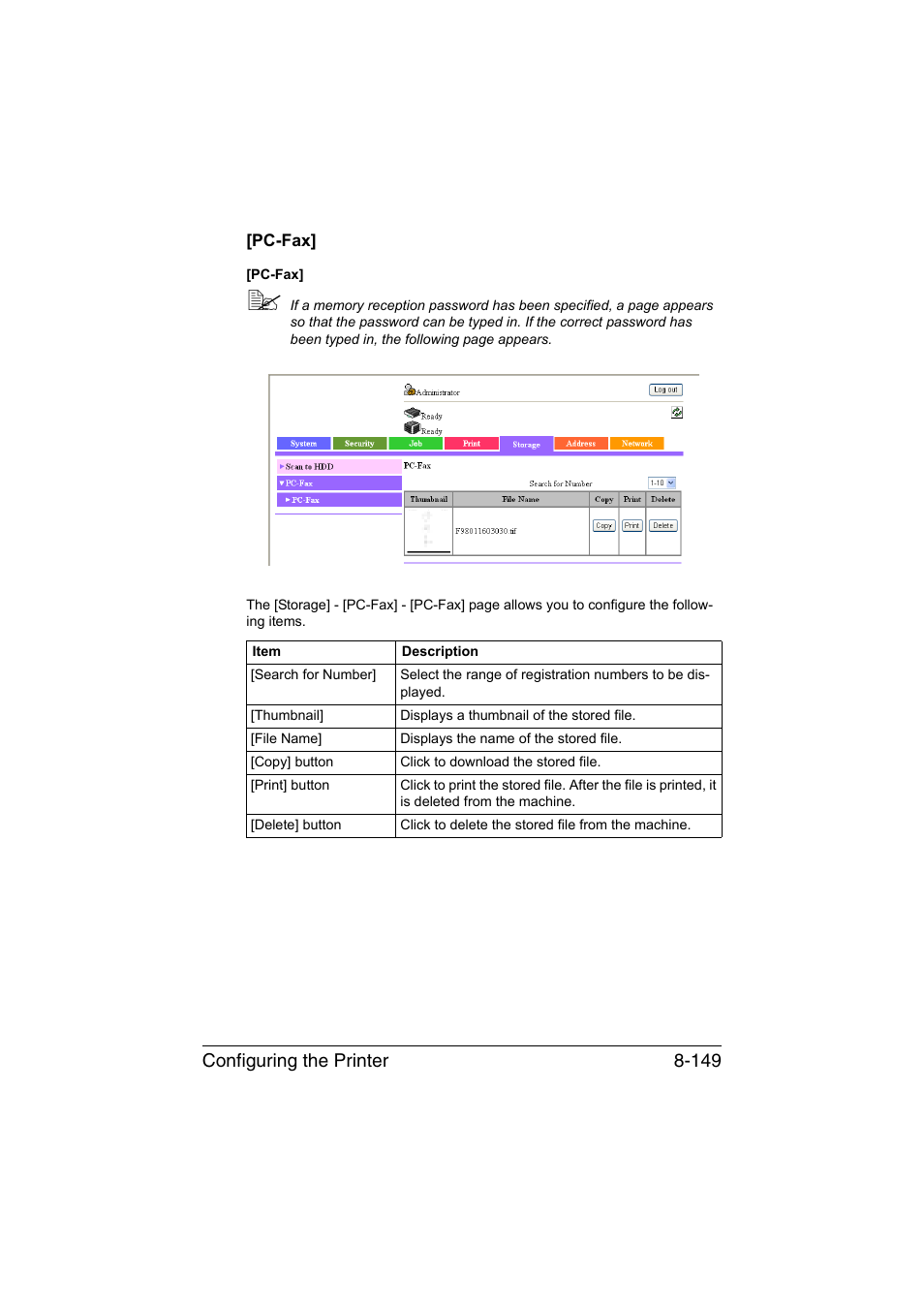 Pc-fax, Pc-fax] -149, Configuring the printer 8-149 | Konica Minolta bizhub C35 User Manual | Page 416 / 510