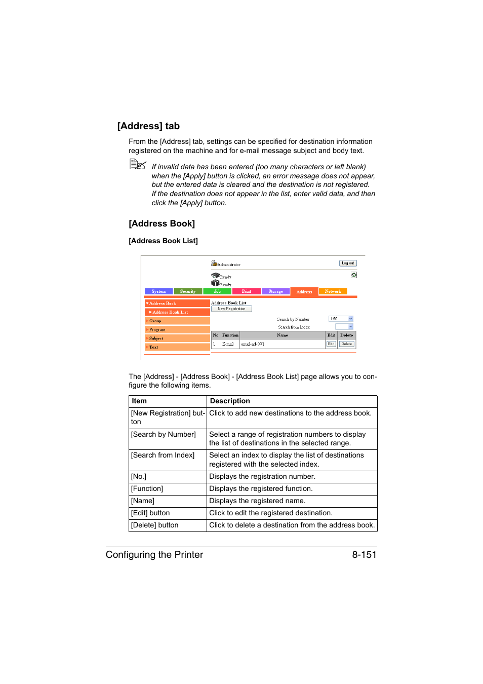 Address] tab, Address book, Address] tab -151 | Address book] -151, Configuring the printer 8-151 [address] tab | Konica Minolta bizhub C35 User Manual | Page 418 / 510