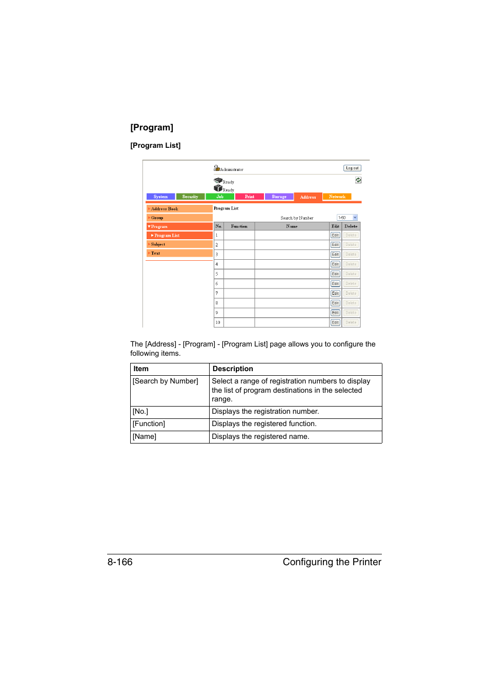 Program, Program] -166, Configuring the printer 8-166 | Konica Minolta bizhub C35 User Manual | Page 433 / 510