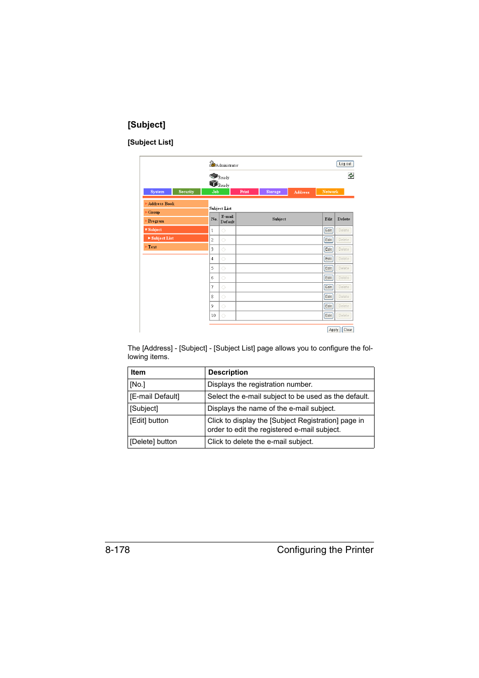 Subject, Subject] -178, Configuring the printer 8-178 | Konica Minolta bizhub C35 User Manual | Page 445 / 510