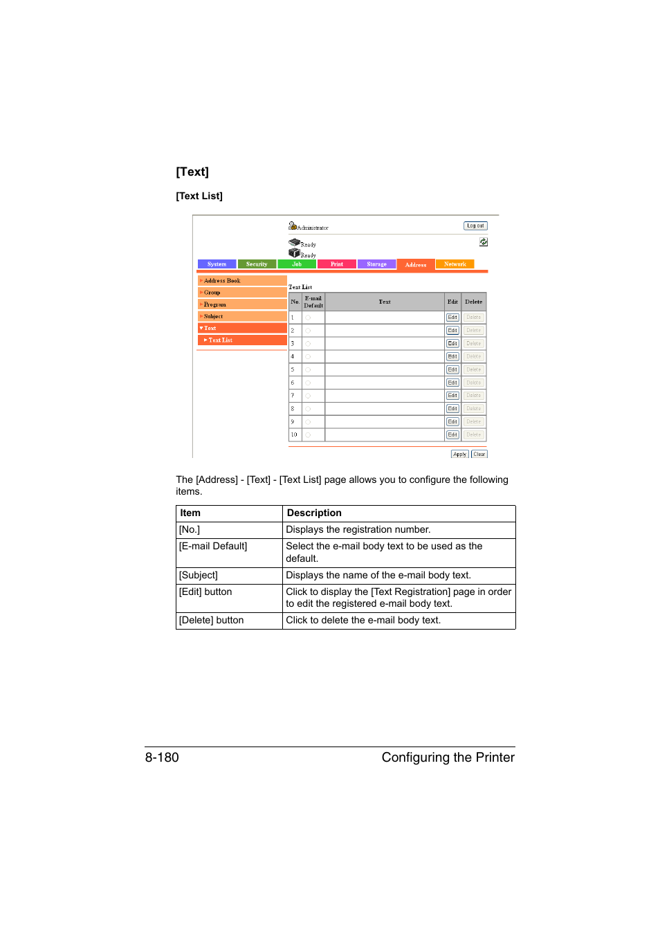 Text, Text] -180, Configuring the printer 8-180 | Konica Minolta bizhub C35 User Manual | Page 447 / 510