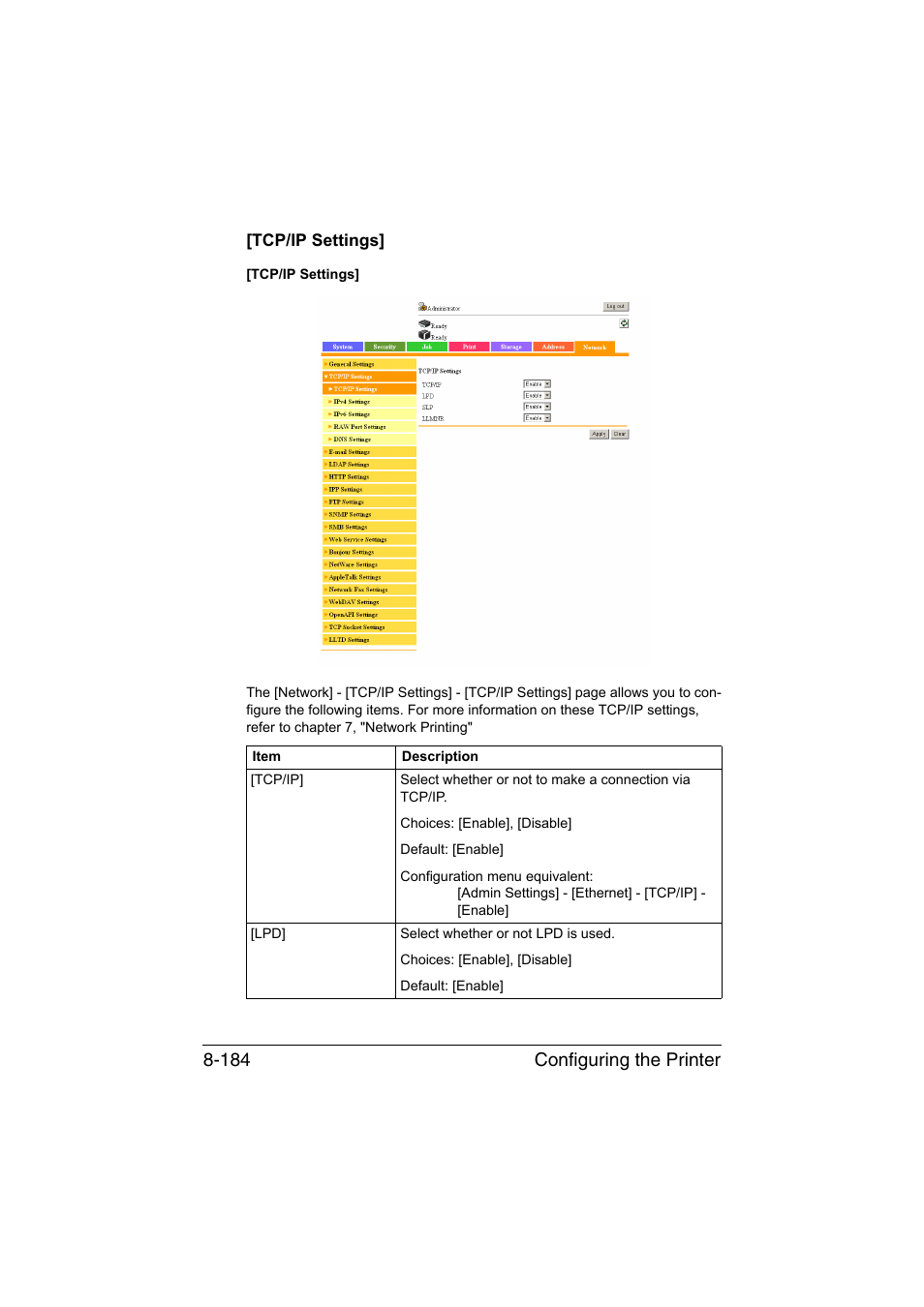 Tcp/ip settings, Tcp/ip settings] -184, Configuring the printer 8-184 | Konica Minolta bizhub C35 User Manual | Page 451 / 510