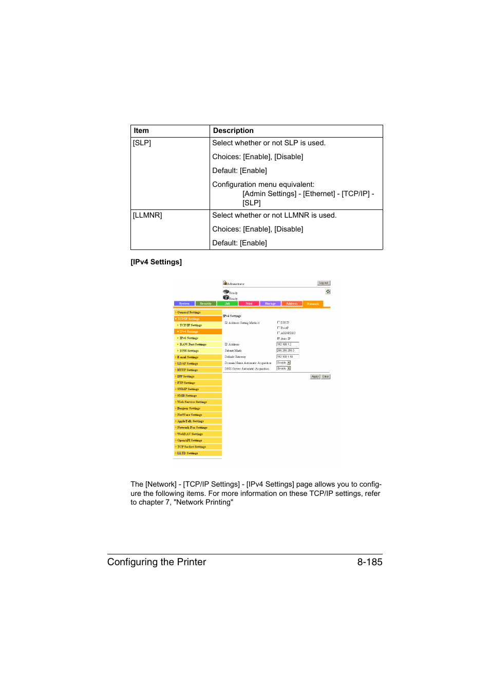 Configuring the printer 8-185 | Konica Minolta bizhub C35 User Manual | Page 452 / 510