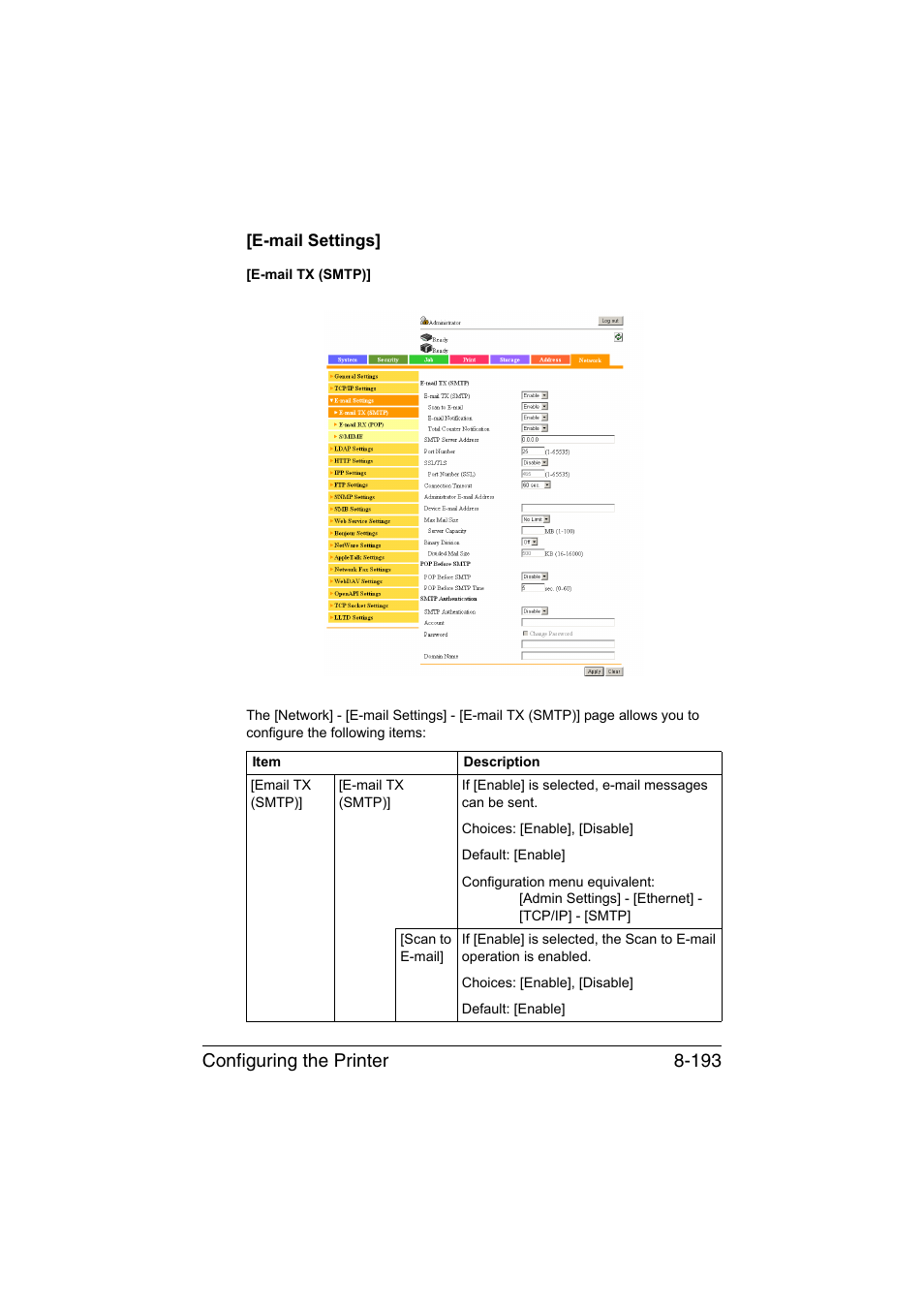 E-mail settings, E-mail settings] -193, Configuring the printer 8-193 | Konica Minolta bizhub C35 User Manual | Page 460 / 510