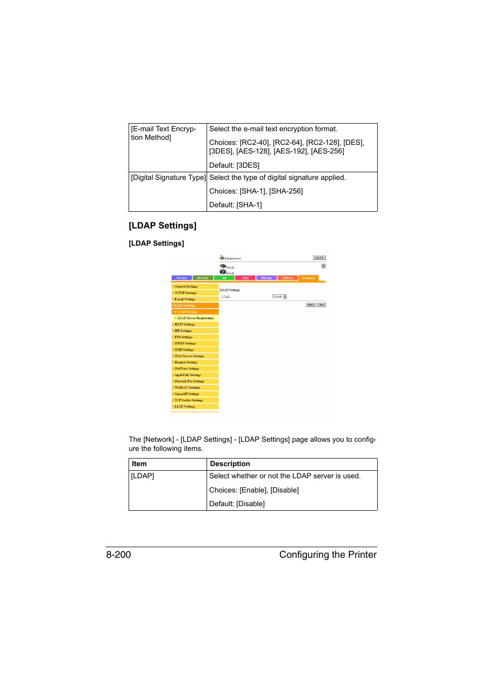 Ldap settings, Ldap settings] -200, Configuring the printer 8-200 | Konica Minolta bizhub C35 User Manual | Page 467 / 510