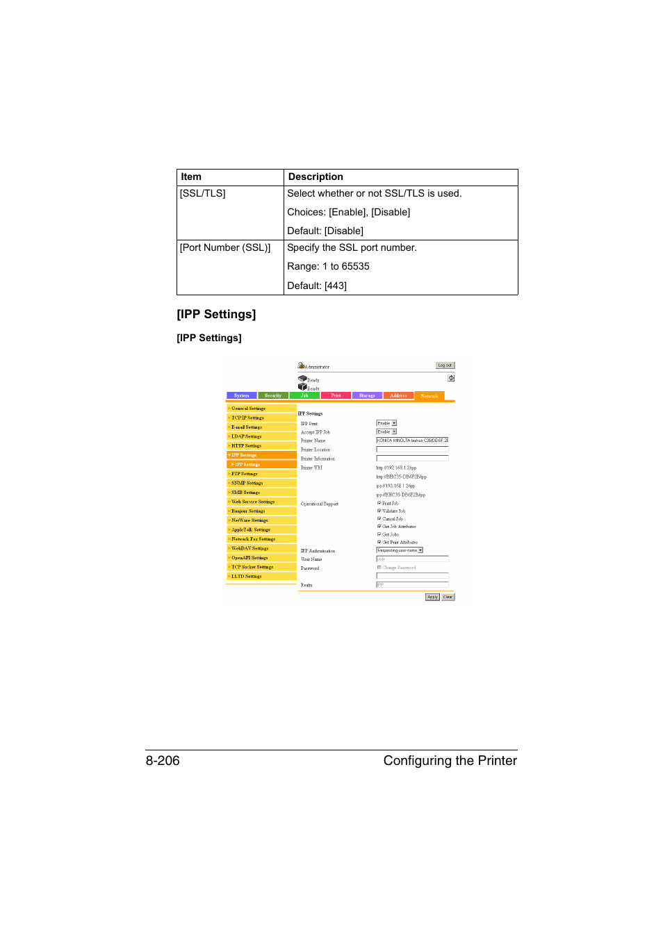 Ipp settings, Ipp settings] -206, Configuring the printer 8-206 | Konica Minolta bizhub C35 User Manual | Page 473 / 510