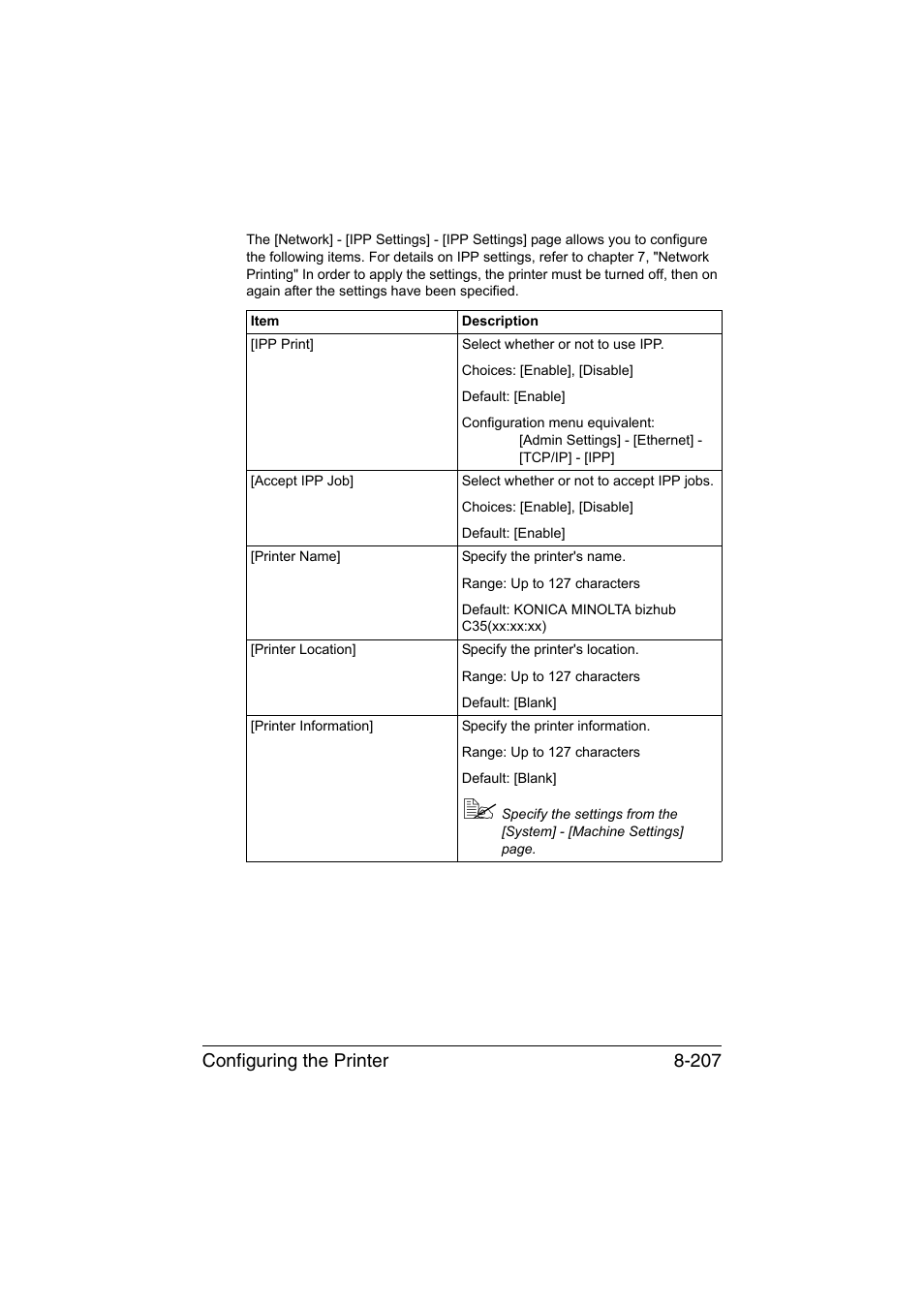 Configuring the printer 8-207 | Konica Minolta bizhub C35 User Manual | Page 474 / 510