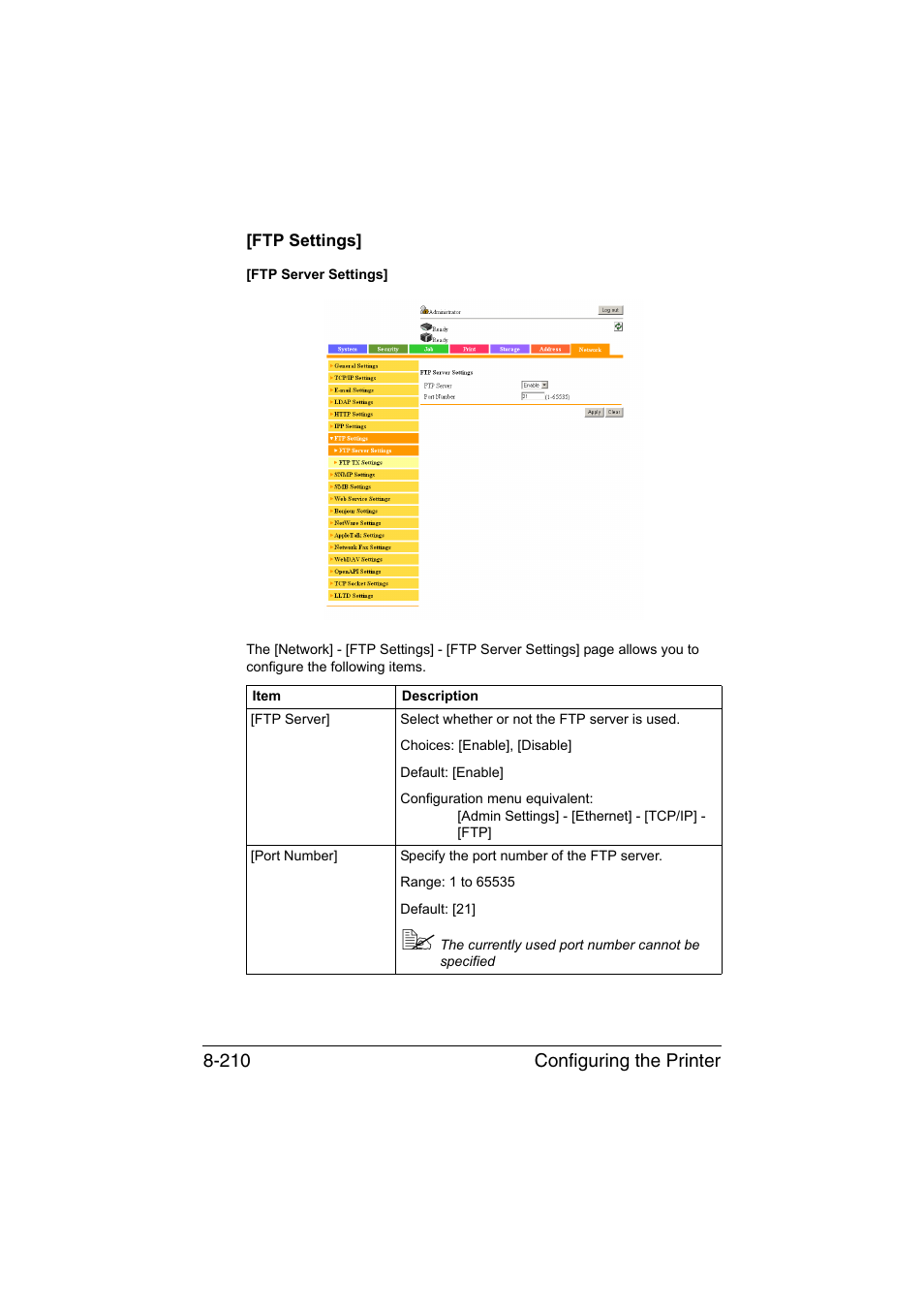Ftp settings, Ftp settings] -210, Configuring the printer 8-210 | Konica Minolta bizhub C35 User Manual | Page 477 / 510