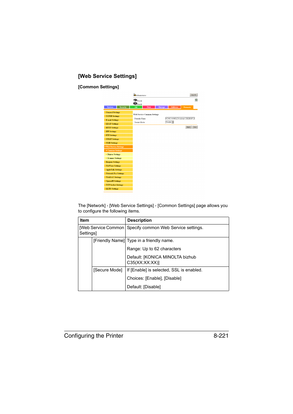 Web service settings, Web service settings] -221, Configuring the printer 8-221 | Konica Minolta bizhub C35 User Manual | Page 488 / 510