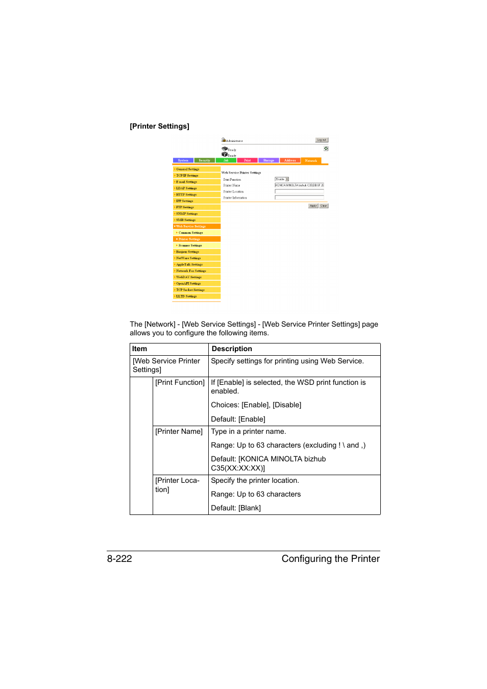 Configuring the printer 8-222 | Konica Minolta bizhub C35 User Manual | Page 489 / 510