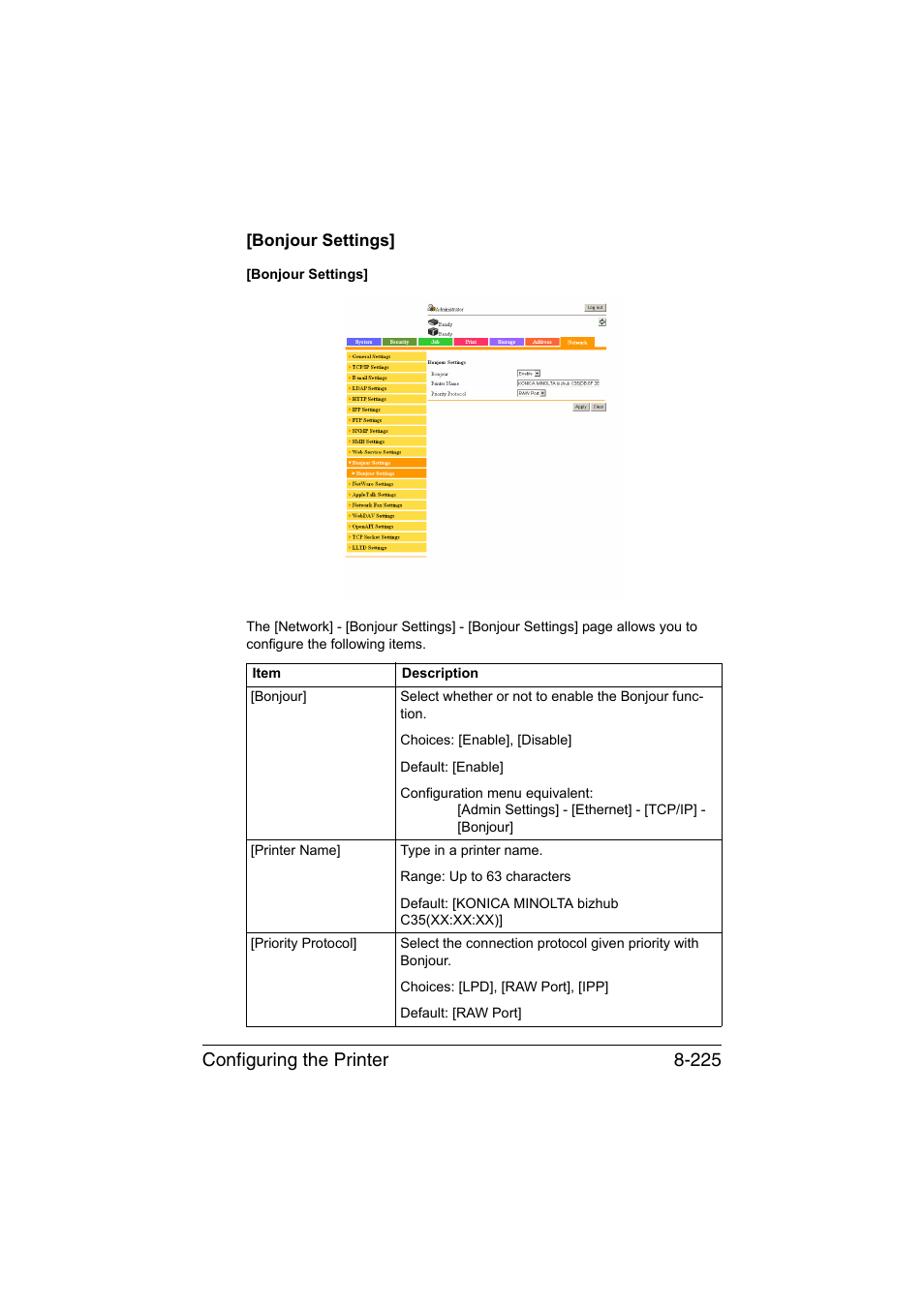 Bonjour settings, Bonjour settings] -225, Configuring the printer 8-225 | Konica Minolta bizhub C35 User Manual | Page 492 / 510